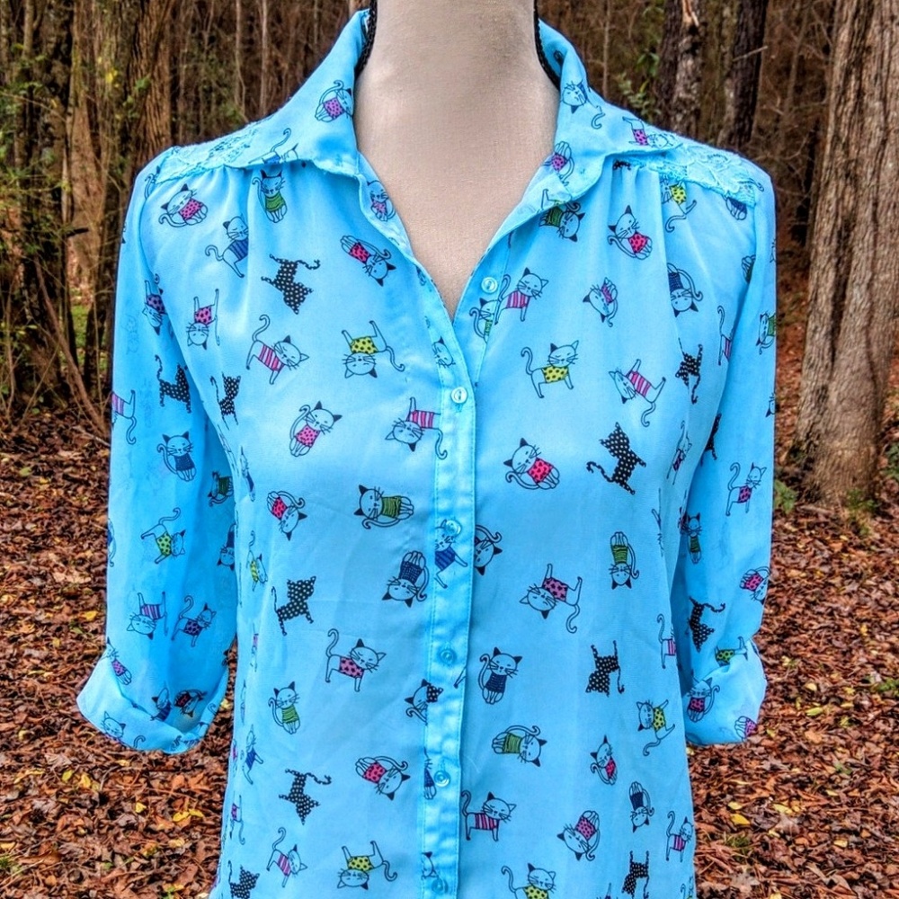 Blue Semi-Sheer Cat Blouse, Lg Junior by Nitworks